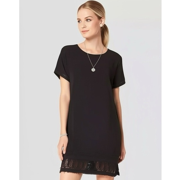 Cynthia Rowley Black Shift Dress Short Sleeve Crochet Hem Gold Zipper Size 8 - Picture 1 of 13